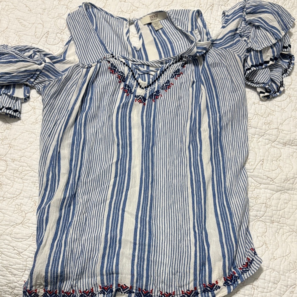 Vintage America Blue and White Striped Blouse with Embroidery